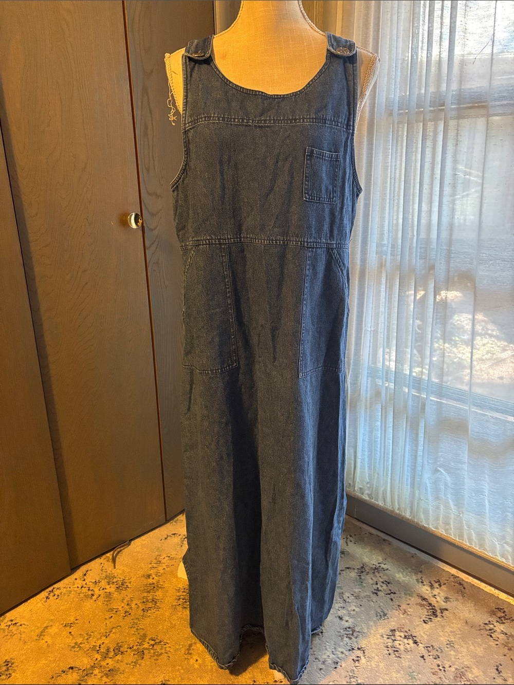 Vintage 90s Real Comfort Denim Jumper Dress Maxi Pockets Jean